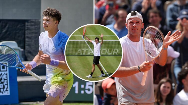 Split image of Ben Shelton playing at the 2025 Boss Open (L) and Tommy Paul playing at the 2025 French Open, inset Taylor Fritz plays at the 2025 B...