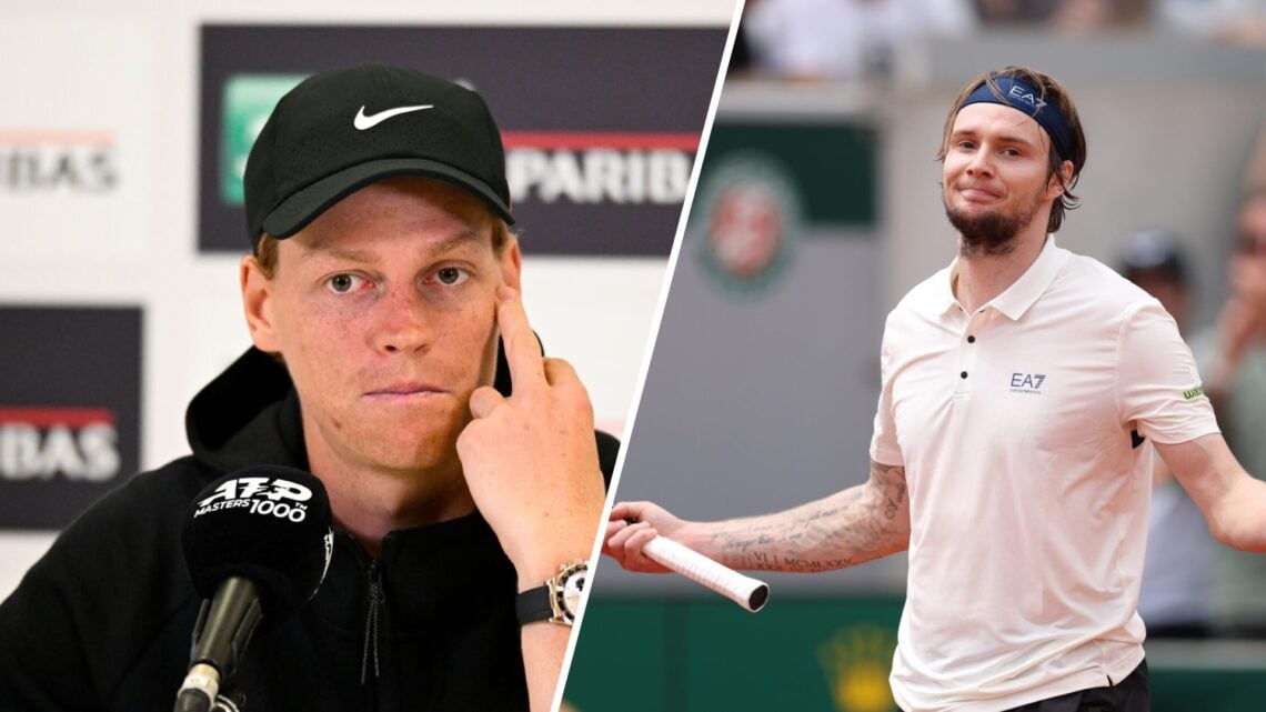 Split image of Jannik Sinner of Italy during a press conference on Day Eleven of the Internazionali BNL D'Italia 2025 at Foro Italico and Alexander...