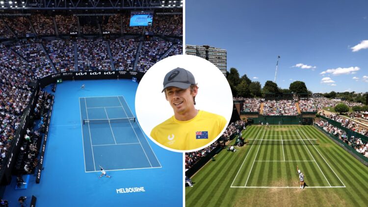 Split image of A general view of Rod Laver Arena during the fourth round singles match of Alex de Minaur of Australia and Novak Djokovic of Serbia ...