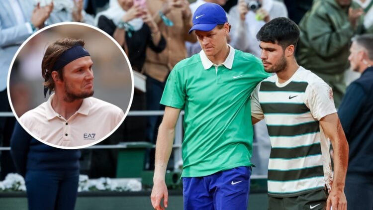 Image of Jannik Sinner and Carlos Alcaraz during Roland Garros 2025 tennis tournament in Paris, France, inset of Alexander Bublik looking on during...