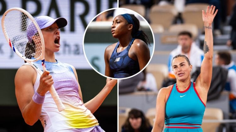 Split image of Iga Swiatek (L) celebrating and Aryna Sabalenka (R) waving to the crowd at the 2025 French Open, inset Coco Gauff looks on during th...
