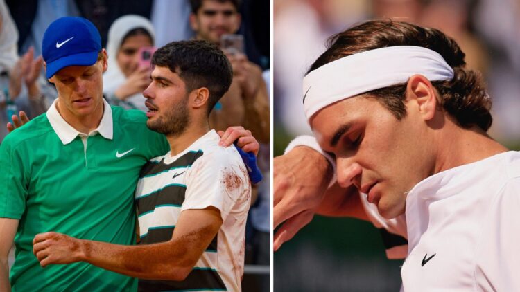 Split image of Carlos Alcaraz of Spain embraces Jannik Sinner of Italy after victory in the Men’s Singles Final match on Day Fifteen of the 2025 Fr...