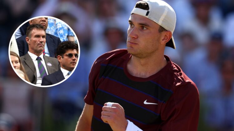 Image of Jack Draper celebrating a point against Alexei Popyrin at the 2025 Queen's Club Championships, inset of Pat Cash watching on from the stan...