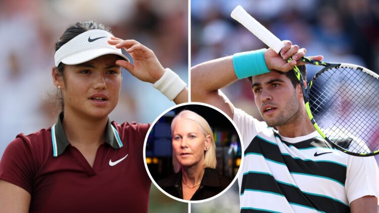 Split image of Emma Raducanu of Great Britain looks on against Zheng Qinwen of People's Republic of China during the Women's Singles Quarter Final ...