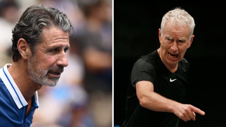Split image of Patrick Mouratoglou watching Naomi Osaka play at the 2025 Australian Open, image of John McEnroe in action at Pickleball Slam 2