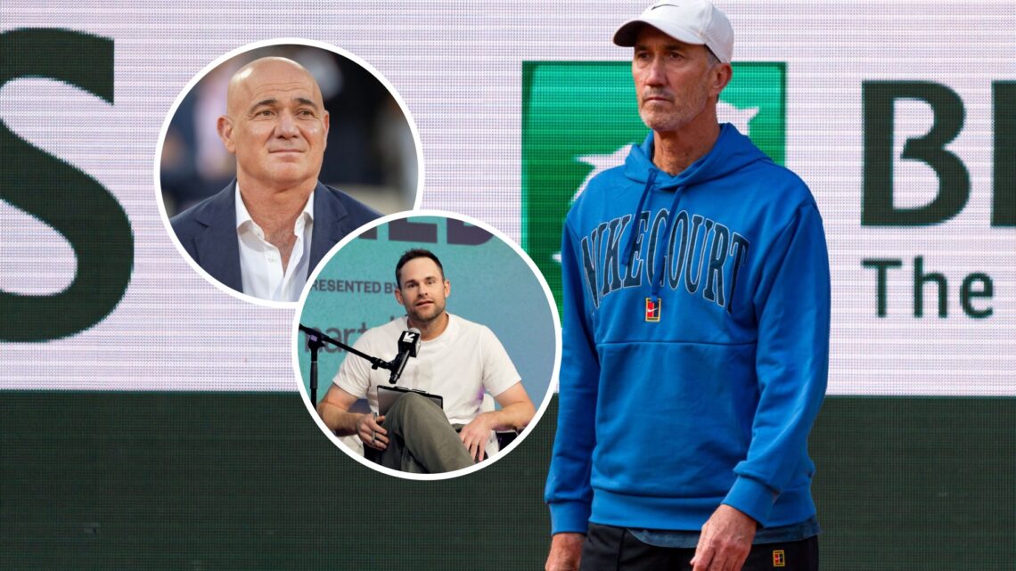 Main: Darren Cahill at the French Open with insets of Andy Roddick (Bottom) and Andre Agassi (Top)