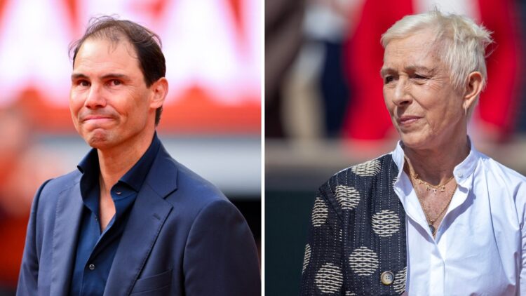 Split image of Rafael Nadal stands on Court Philippe-Chatrier during a ceremony held in his honour on Day One of the 2025 French Open at Roland Gar...