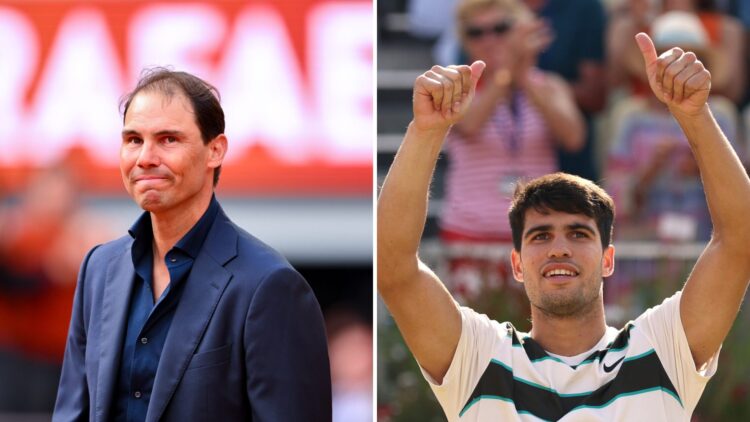 Split image of Rafael Nadal being celebrated at the 2025 French Open (L) and Carlos Alcaraz celebrating at Queen’s 2025 (R)