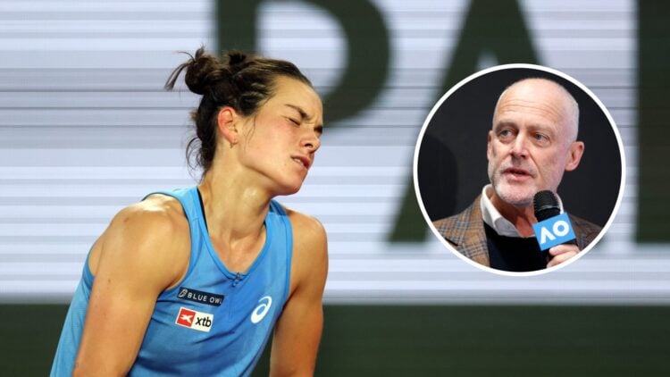Image of Lois Boisson reacting during her defeat to Coco Gauff at the 2025 French Open, inset of John Fitzgerald speaking to the media ahead of the...
