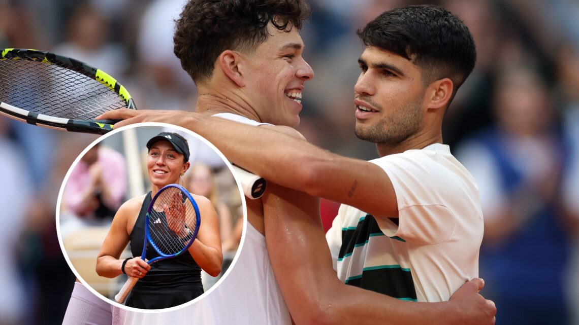 Jessica Pegula (L) at the French Open, Ben Shelton and Carlos Alcaraz (R) hugging at the French Open