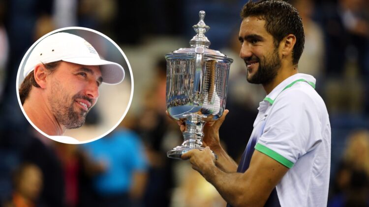 Image of Marin Cilic posing with the 2014 US Open title, inset of Goran Ivanisevic looking on ahead of the 2014 Sydney International