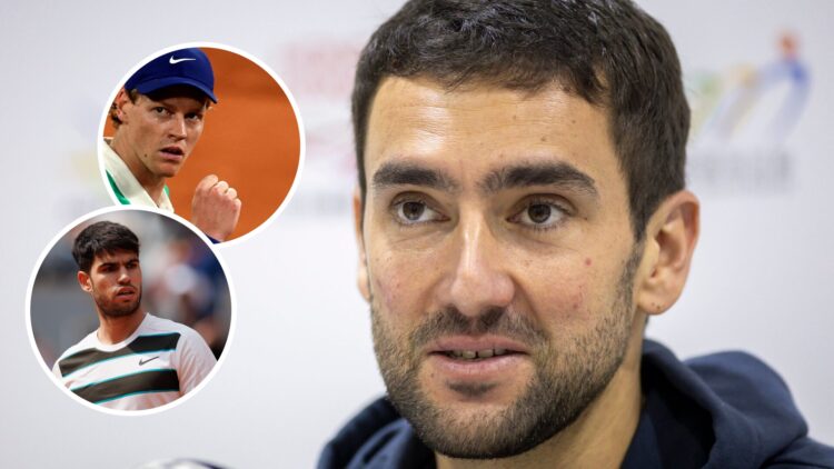 Image of Marin Cilic speaking to the media ahead of the 2024 Hong Kong Open, inset of Carlos Alcaraz looking on during his win over Jannik Sinner i...