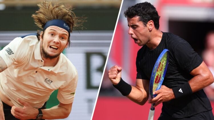 Split image of Alexander Bublik serving at the 2025 French Open and Jaume Munar celebrating a point against Carlos Alcaraz at Queen's in 2025