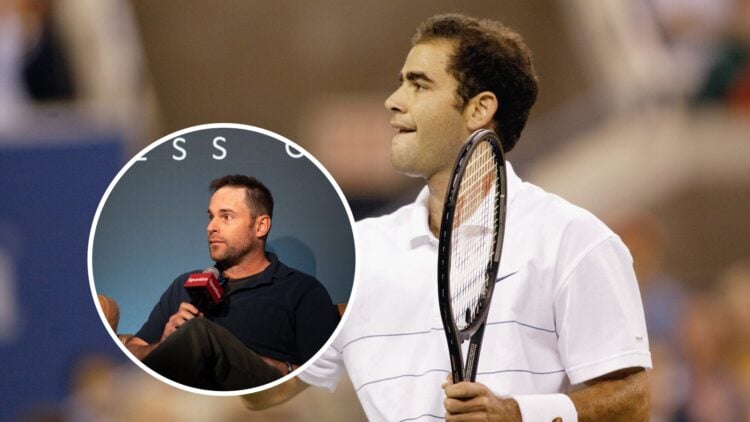 Andy Roddick (L) speaking in an interview, Pete Sampras (R) at the US Open in 2002.
