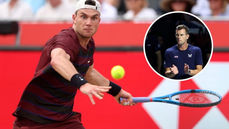 Image of Jack Draper hitting a forehand against Brandon Nakashima at Queen's in 2025, inset of Leon Smith watching on at the Davis Cup in 2023