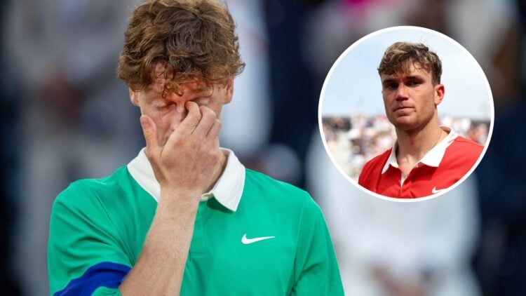Image of Jannik Sinner reacting after losing the French Open final to Carlos Alcaraz, inset of Jack Draper looking on after his win over Brandon Na...