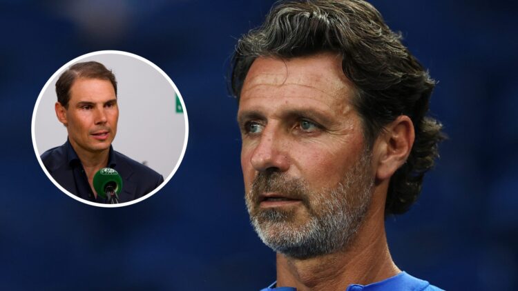 Image of Patrick Mouratoglou looking on during the 2021 Australian Open, inset of Rafael Nadal speaking to the media at the 2025 French Open