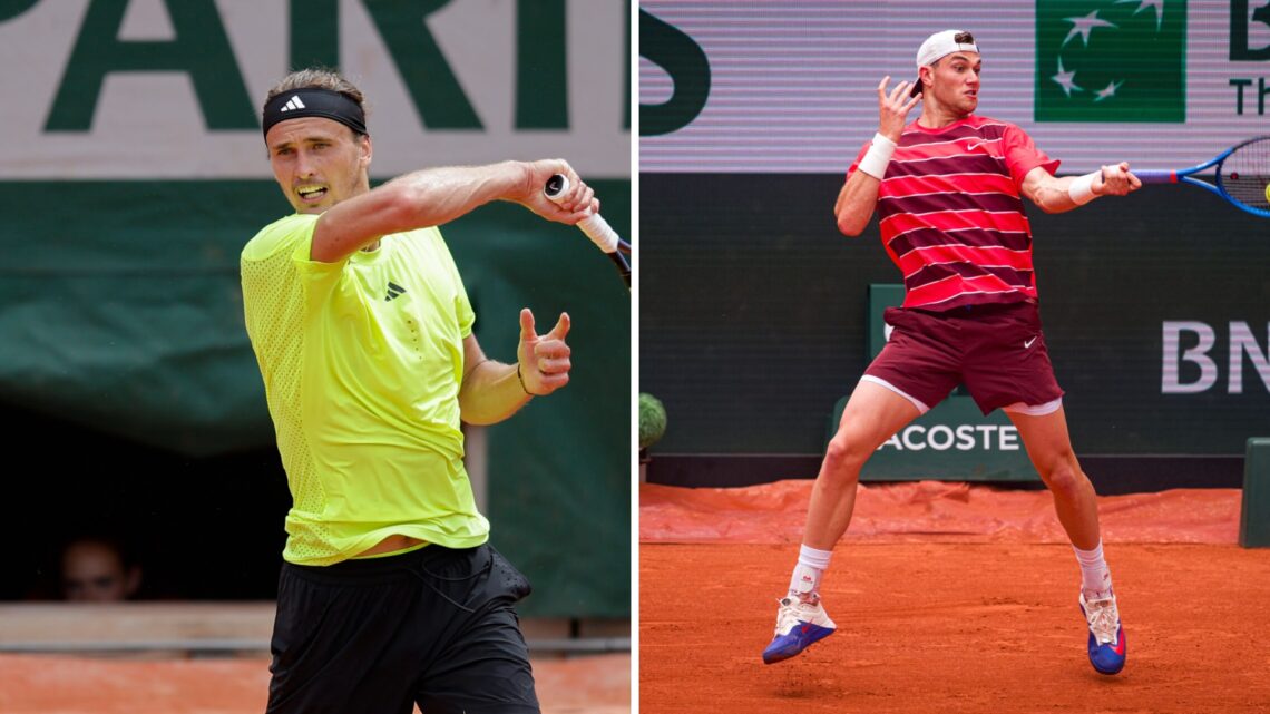Split image of Alexander Zverev of Germany plays a forehand against Jesper De Jong of Netherlands during the 2025 French Open Day 5 at Roland Garro...