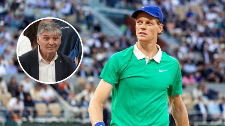 Image of Jannik Sinner looking on during his quarterfinal win over Alexander Bublik at the 2025 French Open, inset of Toni Nadal looking on at the ...