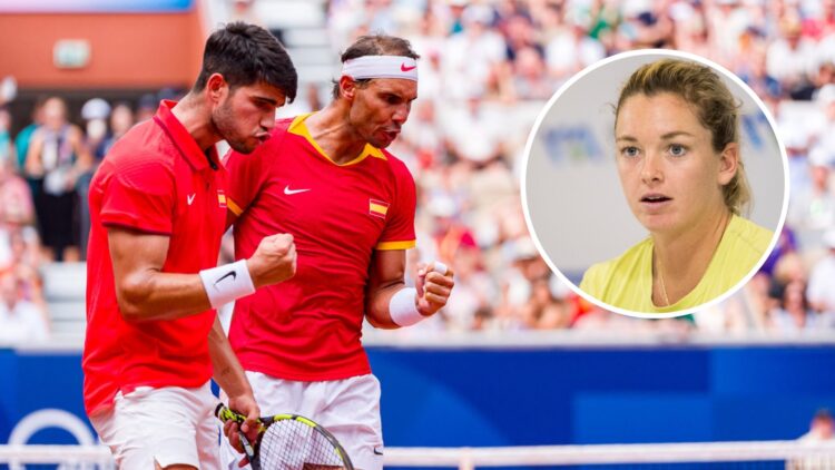 Image of Rafael Nadal and Carlos Alcaraz celebrating together at the 2024 Olympic Games, inset of CoCo Vandeweghe speaking to the media after beati...