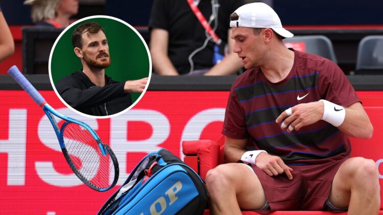 Image of Jack Draper throwing his racket during defeat to Jiri Lehecka at Queen's, inset of Jamie Murray looking on during the 2022 Battle of the B...