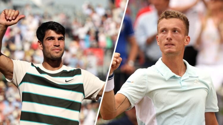 Split image of Carlos Alcaraz celebrating his win over Roberto Bautista Agut at Queen's in 2025, image of Jiri Lehecka celebrating his win over Jac...