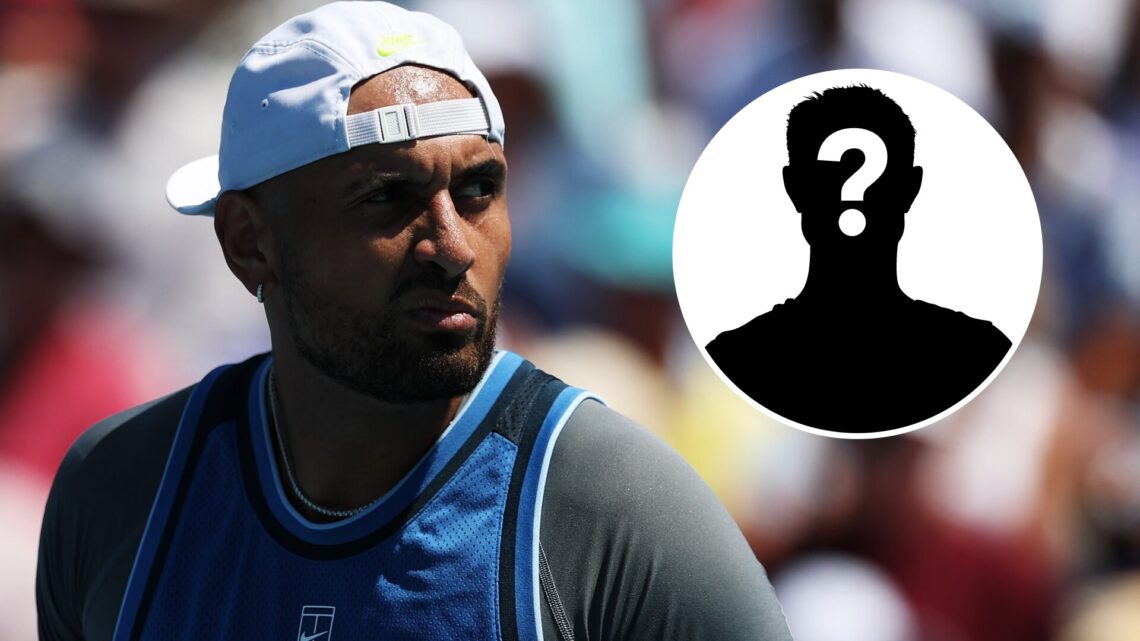 Nick Kyrgios looks on during the 2025 Miami Open, inset of a mystery player