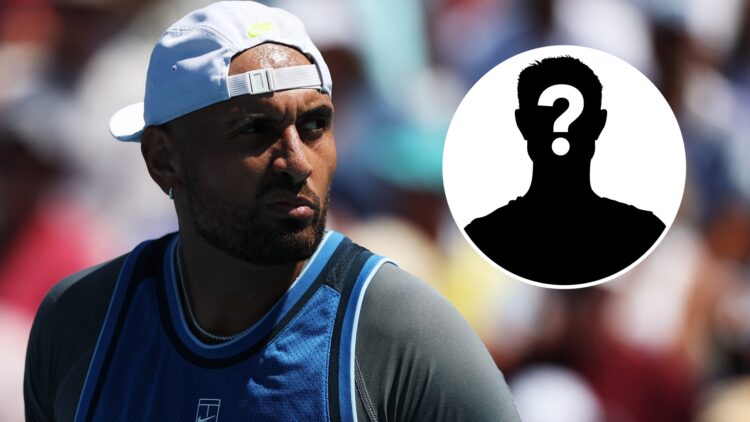 Nick Kyrgios looks on during the 2025 Miami Open, inset of a mystery player