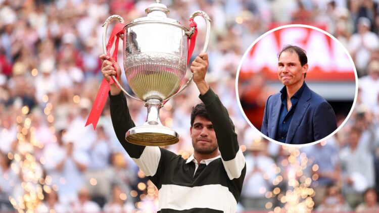 Carlos Alcaraz (L) lifting the 2025 Queen's title, Rafael Nadal (R) at his Roland Garros tribute ceremony.