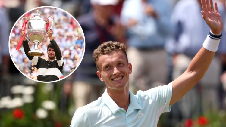 Jiri Lehecka acknowledges the crowd at Queen's 2025, inset Carlos Alcaraz lifts the 2025 Queen's trophy