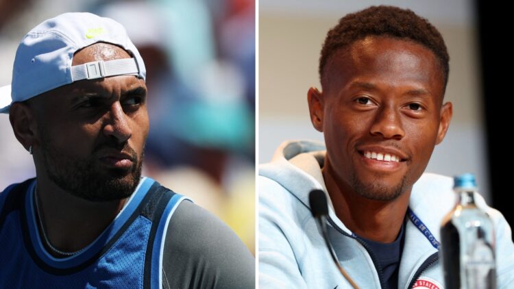 Nick Kyrgios (L) at the Miami Open, Christopher Eubanks (R) at a press conference in Paris.