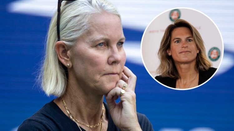 Rennae Stubbs looks on at the 2022 US Open, inset Amelie Mauresmo speaks at the 2025 French Open