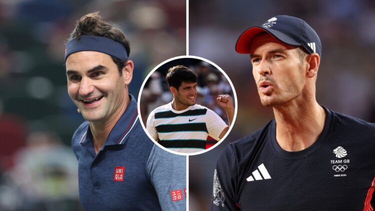 Roger Federer (L) at the Shanghai Masters, Carlos Alcaraz (M) at Queen's, Andy Murray (R) at the Paris Olympics