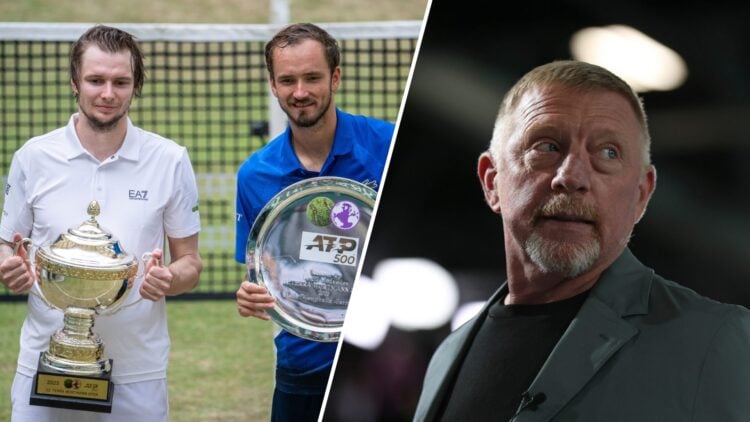 Split image of Alexander Bublik and Daniil Medvedev holding their trophies after the 2025 Halle final (L), and Boris Becker looking on during the 2...