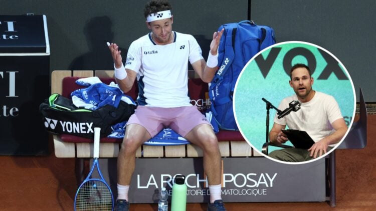 Casper Ruud reacts during a break at the 2025 Italian Open, inset Andy Roddick speaks at the 2025 SXSW Conference and Festival