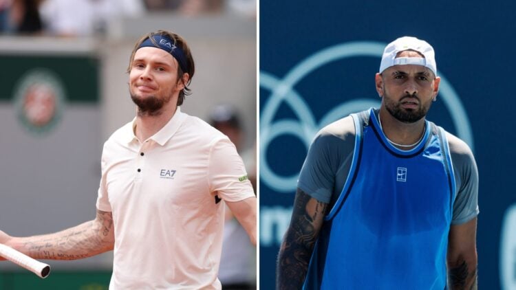 Split image of Alexander Bublik celebrating at the 2025 French Open (L) and Nick Kyrgios looking on during the 2025 Miami Open (R)