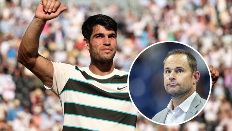 Carlos Alcaraz (L) celebrating at Queen's, Andy Roddick (R) at the US Open.