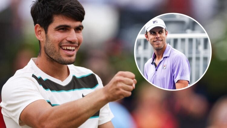 Carlos Alcaraz celebrates winning the 2025 Queen's title, inset Sam Querrey looks on during the 2022 Atlanta Open