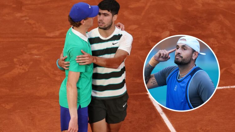 Jannik Sinner and Carlos Alcaraz embrace after the 2025 French Open final, inset Nick Kyrgios reacts at the 2025 Miami Open