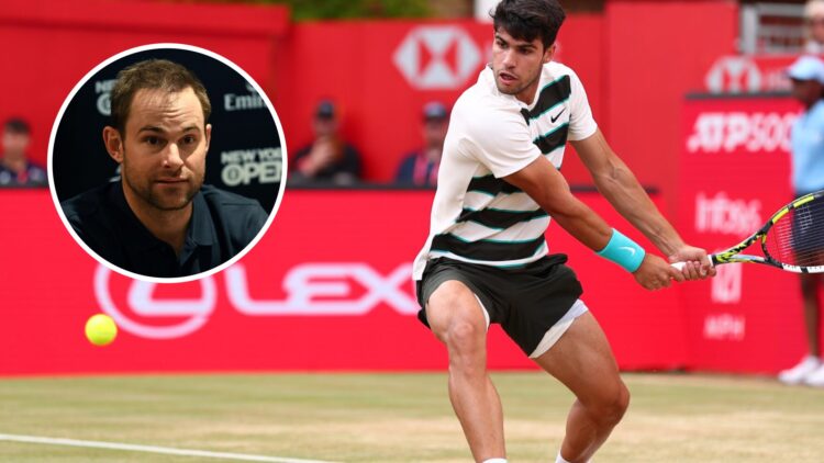 Image of Carlos Alcaraz playing a backhand at the 2025 Queen's Club Championships, inset of Andy Roddick attending a press conference ahead of the ...