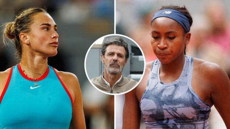 Split image of Aryna Sabalenka looking on during her win over Iga Swiatek at the 2025 French Open, image of Coco Gauff reacting during her win over...