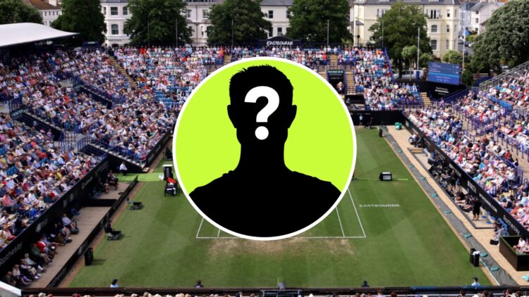 Image of the general view of Centre Court at the 2024 Eastbourne International, inset of a male mystery player