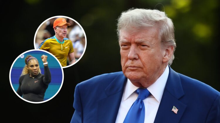 Image of Donald Trump arriving at the NATO Summit In The Hague, inset of Serena Williams celebrating her win over Caty McNally at the 2019 US Open,...