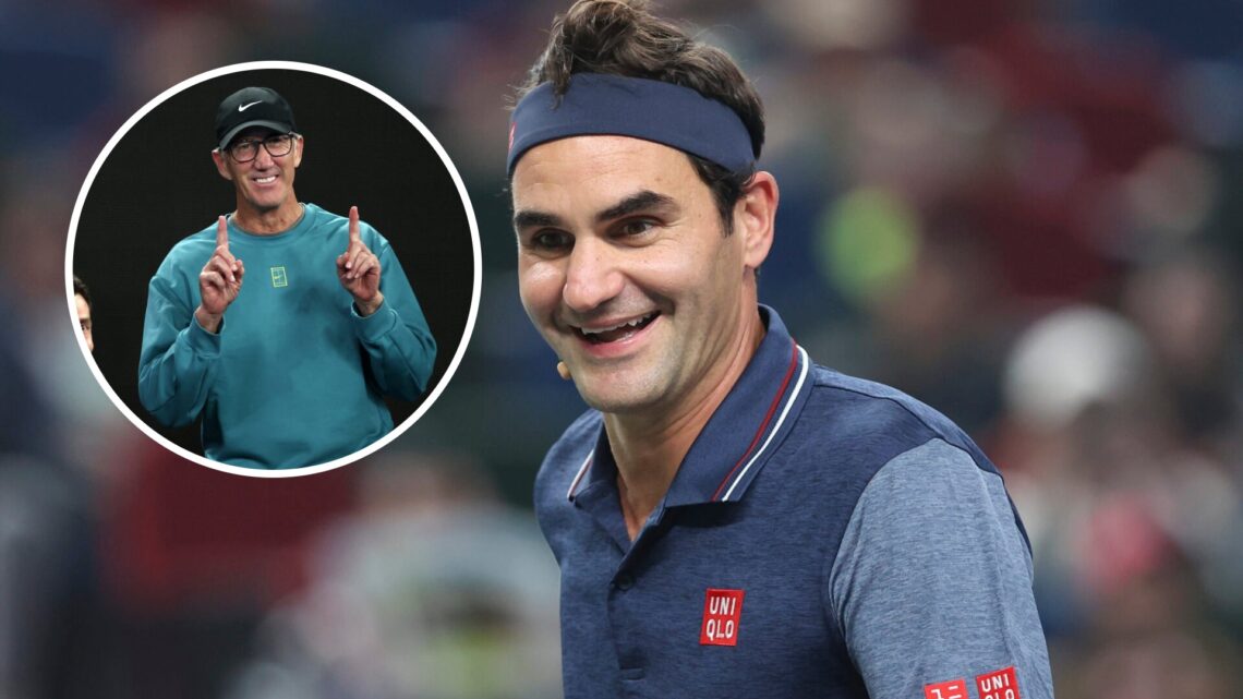 Main: Roger Federer plays exhibition match in Shaghai and Inset: Darren Cahill at the Australian Open