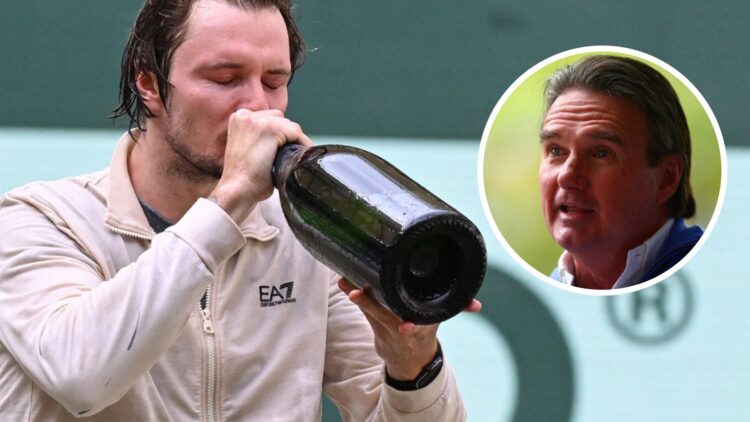 Image of Alexander Bublik drinking champagne after winning the 2025 Halle Open, inset of Jimmy Connors answering questions during an interview at t...