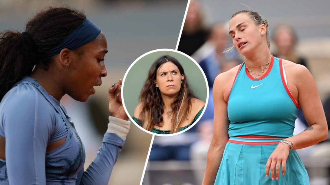 Split image of Coco Gauff celebrating a point against Madison Keys at the 2025 French Open, image of Aryna Sabalenka reacting during her defeat to ...