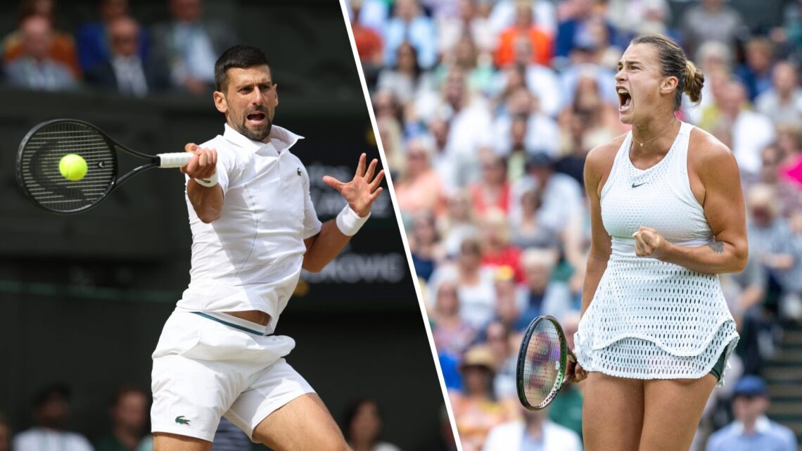 Split image of Novak Djokovic playing at Wimbledon in 2024 (L) and Aryna Sabalenka celebrating at Wimbledon in 2023 (R)
