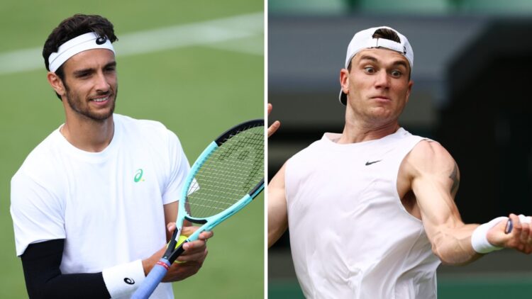 Lorenzo Musetti (L) at Wimbledon, Jack Draper (R) practicing ahead of Wimbledon.