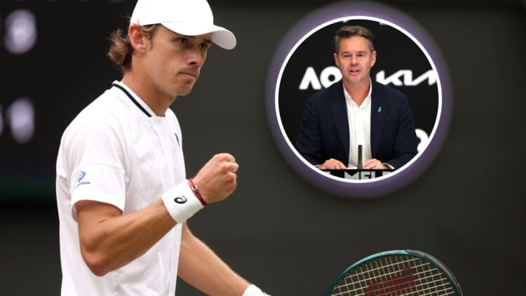 Image of Alex de Minaur celebrating a point at the 2024 Wimbledon tournament, inset of Todd Woodbridge speaking to the media ahead of the 2023 Aust...