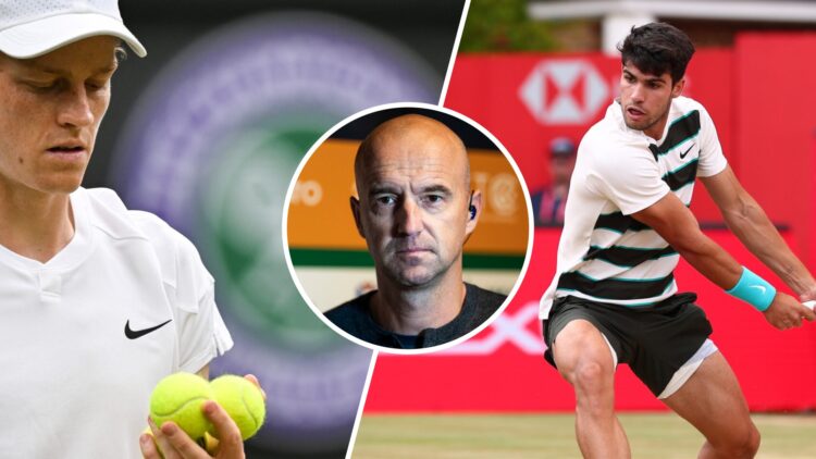 Split image of Jannik Sinner looking on during his win over Ben Shelton at the 2024 Wimbledon championships, image of Carlos Alcaraz playing a back...